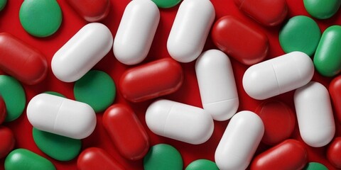 Pile of red, white and green pills as background.