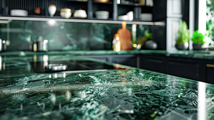 Marble kitchen empty luxury countertop in green tones, soft focus. Scene showcase template for promotional items, banner. Modern kitchen design