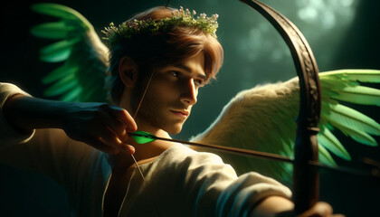 A man with an angelic appearance is holding a green arrow. The image has a mystical and ethereal mood, with the man's wings and the green arrow adding to the sense of magic and wonder