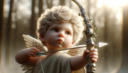 A small angel is holding a bow and arrow, looking up at the camera. The image has a whimsical and playful mood, as the angel is dressed in a costume and he is in a forest setting