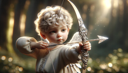 A young angel is holding a bow and arrow, ready to shoot it. The scene is set in a forest, with sunlight filtering through the trees. Scene is peaceful and serene, as the angel is surrounded by nature