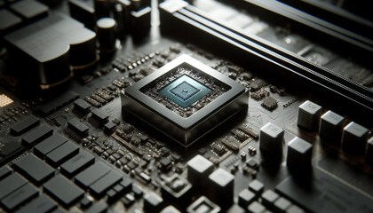 Intense close-up image of an advanced artificial intelligence processor on a computer motherboard. In the center is an artificial intelligence processor, detailed and with futuristic design elements. 