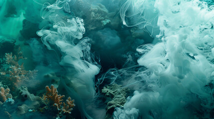 Smoke swirling in an abstract formation of teal and coral, blending together in a tropical, underwater-inspired scene.