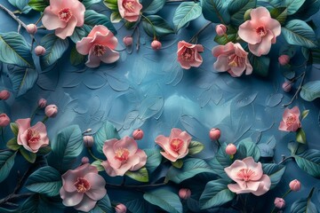A serene composition of soft pink flowers and budding petals emerging amid cool blue leaves and background