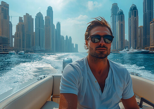 Handsome businessman on his luxury yacht boat in large city view on summer holidsy.Macro.AI Generative.