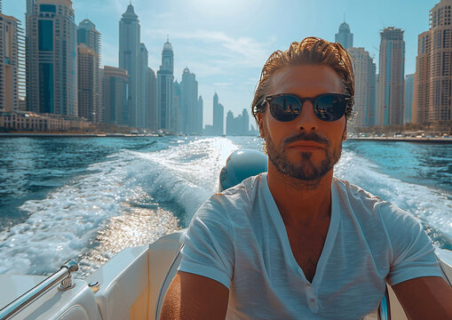Handsome businessman on his luxury yacht boat in large city view on summer holidsy.Macro.AI Generative.