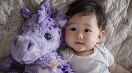 Selective focus portrait of a sleeping Charming baby Cute newborn sleeps with a toy dragon doll on comfortable bed