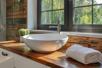 A warm wooden countertop complements the stylish white vessel sink against a window with black...