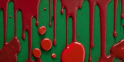 Closeup of red and green paint dripping on a green wall background.