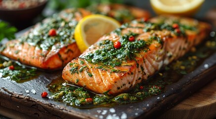 Tasty grilled salmon trout fillets and herbs with spices.Macro.AI Generative.