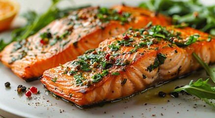 Tasty grilled salmon trout fillets and herbs with spices.Macro.AI Generative.