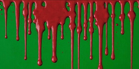 Closeup of red and green paint dripping on a green wall background.