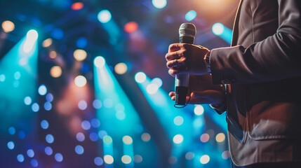 hand of singer holding microphone on stage in concert event