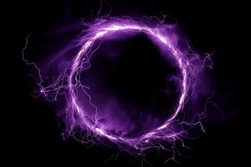 plasma glowing electric hologram isolated on transparent, circles lightning round frame portal layer overlay on black background