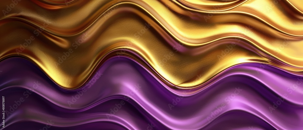 Poster 3d background features a striking wavy pattern in golden and purple metallic colors, adding depth an