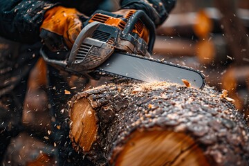 A focused lumberjack uses a chainsaw to precisely cut through a log, with wood chips flying around