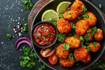 Spicy chicken nuggets sprinkled with fresh herbs and served with lemon wedges and a rich red sauce