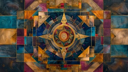 A Tibetan mandala with intricate geometric patterns, representing the universe and the path to enlightenment, watercolor