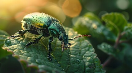 Closeup of Iridescent Green Beetle Crawling on Lush Leaf in Natural Garden Setting