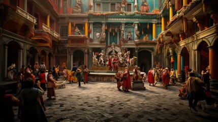 Lively religious festival animates inner courtyard of Roman temple with vibrant colors