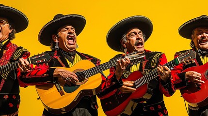 Obraz premium A lively mariachi band playing guitars and trumpets over a bright yellow backdrop