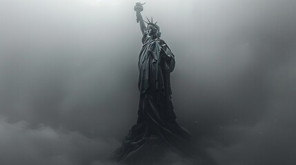 The Statue of Liberty shrouded in fog, creating a mysterious and ethereal atmosphere