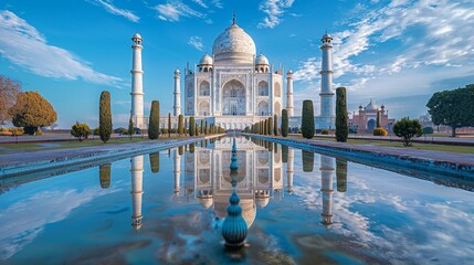 The Taj Mahal reflected in the still waters of the reflecting pool, creating a perfect symmetrical image