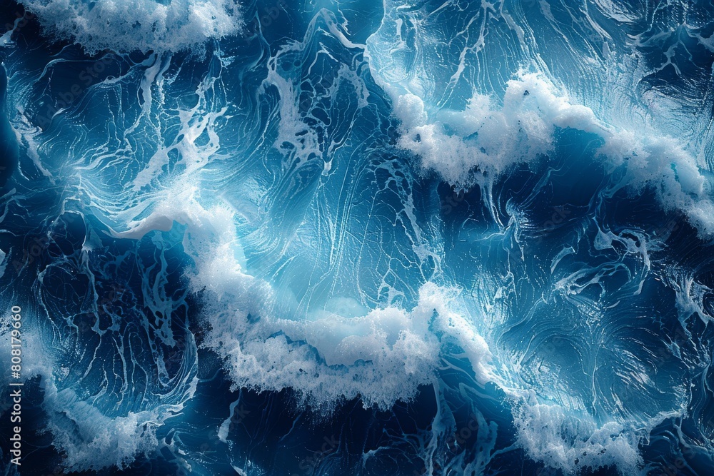 Poster The sea's magnificent deep blue is showcased with light creating intricate patterns on the water's surface, eloquent in detail