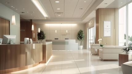 Fototapeta premium Interior design of the lobby in a clinic or office. Modern interior of the reception room in light colors. Style concept.
