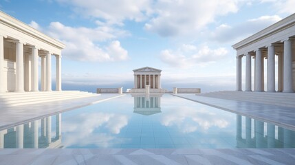 Fototapeta premium Reflective pool by a Roman temple mirroring heavens for serenity