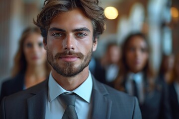 Fototapeta premium A confident-looking young businessman is in sharp focus with blurred colleagues in the background, exuding leadership