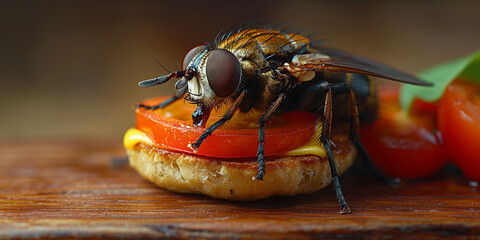 A banner of a disturbing micro shot of a fly eating a leftover burger on a blurred background with...