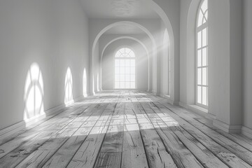 Obraz premium A serene white hallway is flooded with natural light casting patterns on rustic wooden floor through the arched window