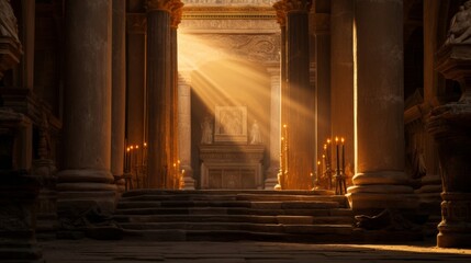 Inner sanctum of a Roman temple bathed in golden light
