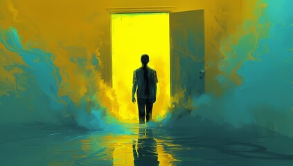 A shadowy figure stands before a bright yellow door, contrasted against a dynamic yellow backdrop