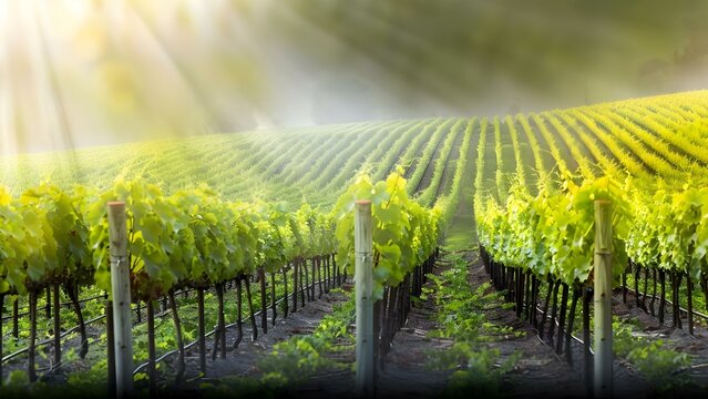 Sunny Vineyard Hills: Rows of Neatly Aligned Vines Creating Depth. Concept Vineyard Photography, Scenic Hills, Neat Rows, Depth Perception, Sunny weather
