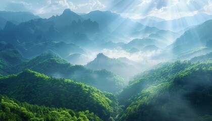 The mountains are covered in lush green trees and the sky is clear and bright by AI generated image