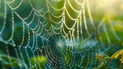 Dazzling Dew-Kissed Spider Web in the Misty Morning