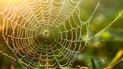 Sparkling Dew-Covered Spider Web in Misty Morning Sunlight