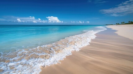 Pristine beach with soft waves washing onto the white sandy shore under a clear blue sky and clouds