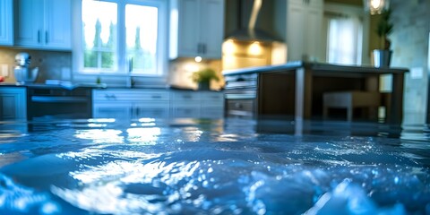 Close-up view of a flooded kitchen with furniture submerged in water. Concept Flooded Kitchen, Water Damage, Furniture in Water, Household Disaster, Emergency Cleanup