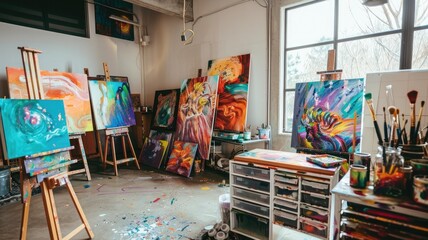 A studio full of colorful paintings 