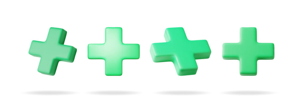 3D set of green cross sign isolated on white. Render collection of green plus symbol. Healthcare, hospital and medical diagnostics. Urgency and emergency services. Vector illustration