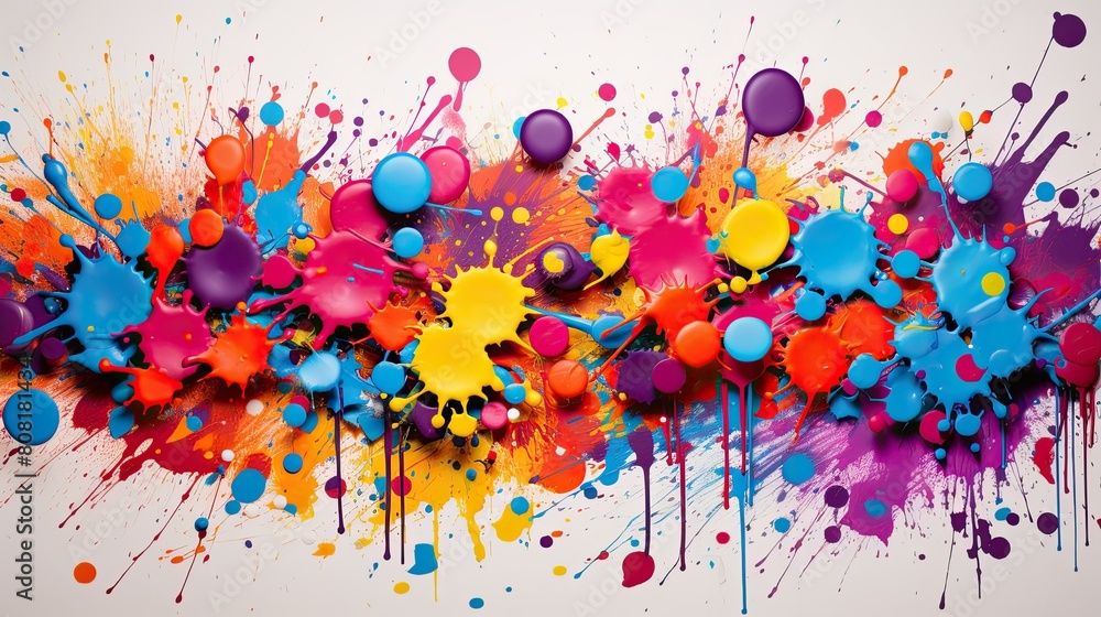Poster multicolored paint splashes on a canvas, creating a vibrant and expressive artwork