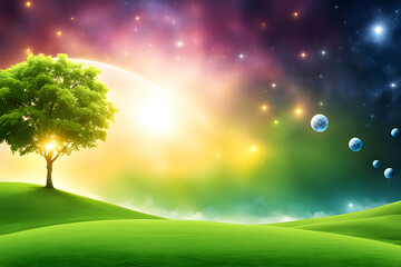 green meadow landscape with a single tree on a green hill.  galactic sky glowing stars planet fantasy cinematic 