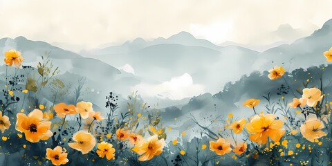 Fototapeta premium A serene digital painting of yellow poppies in the foreground with misty blue mountains in the distance, evoking peace and tranquility