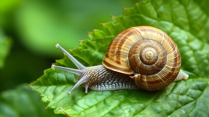 Close-up of a Spiral-Shelled Snail Crawling on a Green Leaf in a Lush,Natural Environment