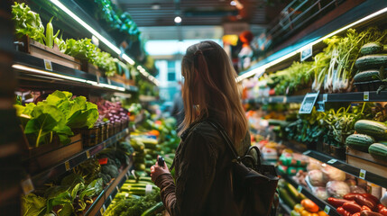 girl in a food store is looking at vegetables
