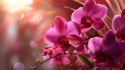 Pink Orchids in Bloom: A Stunning Closeup in Sunlight. Concept Nature, Flowers, Orchids, Closeup, Sunlight