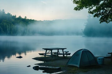 Obraz premium serene lakeside campsite at dawn with rising mist landscape photo